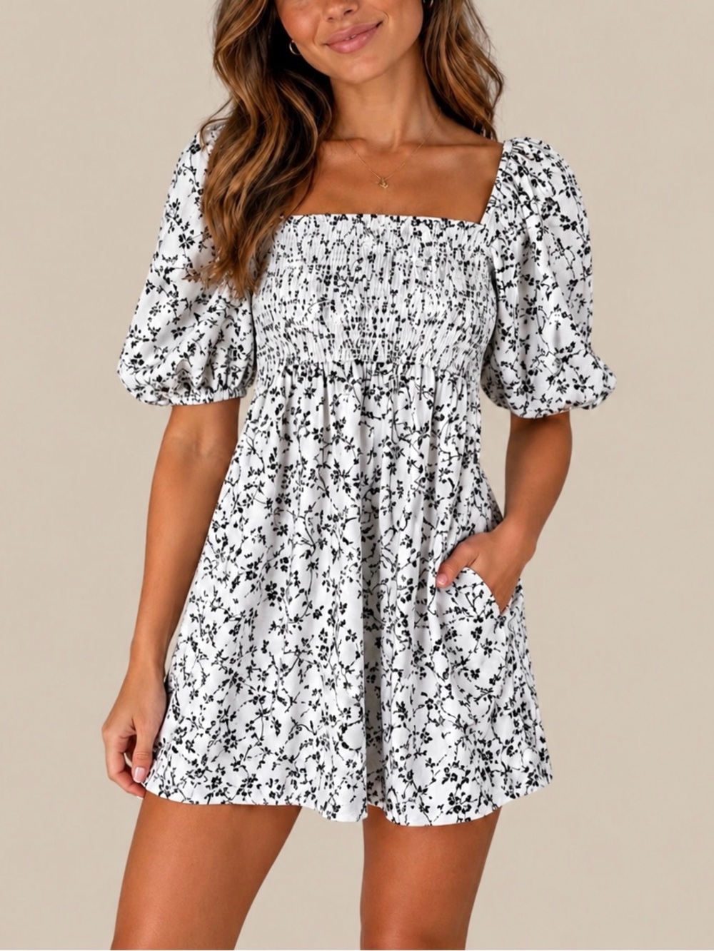 Puff Sleeve Floral Babydoll Dress with Pockets EUC